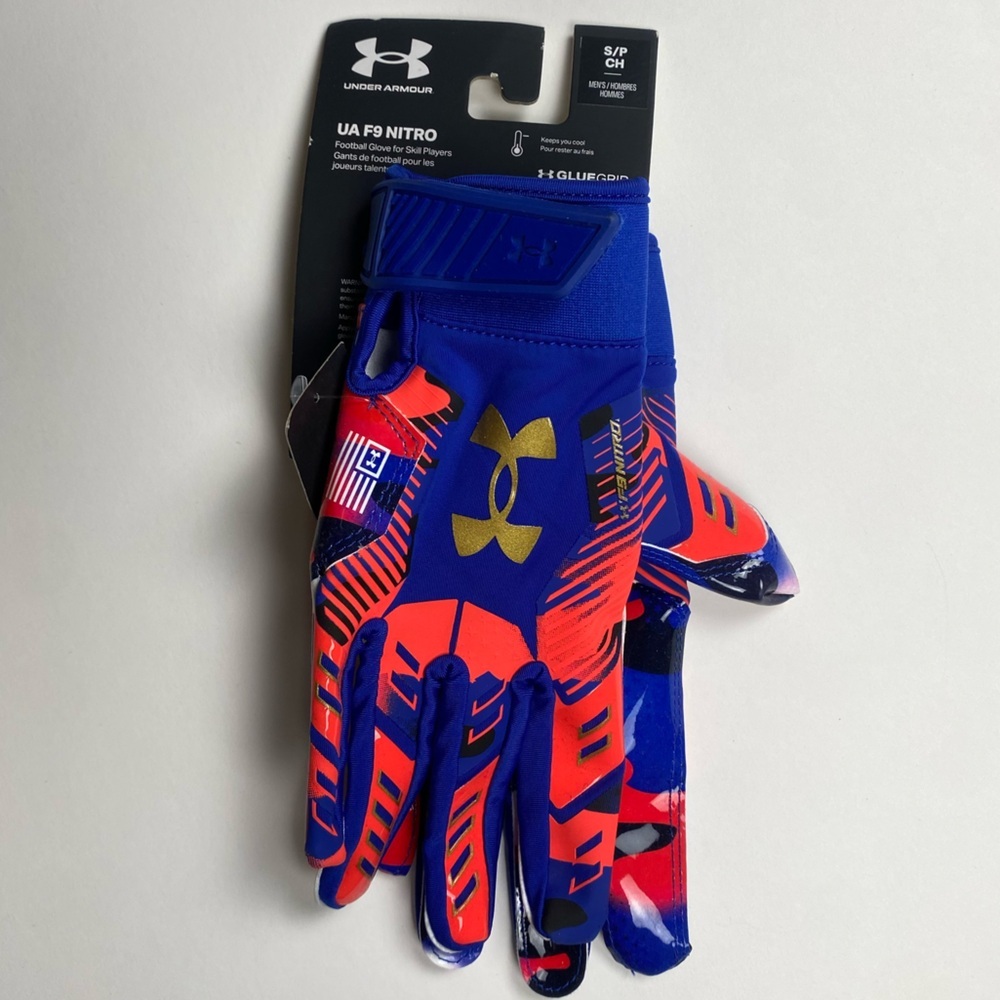 NWT Under Armour Men's F9 Nitro GlueGrip Football Gloves Blue/Red Size Small
